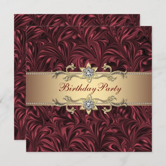 ワインレッドとゴールドの誕生日パーティー 招待状 (正面/裏面)