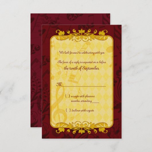 ワインレッドとゴールドの音符 ウェディングの出欠確認カード 出欠カード (正面/裏面)