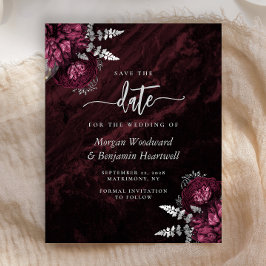 ワインレッドとシルバーの花嫁付「Save the Date」