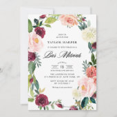 ワインレッドとソフトピンクの花のリース 秋のバル・ミツバ祭招待状 招待状 (正面)