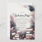 ワインレッドとソフトピンクの花の卒業パーティーの写真 招待状 (正面)