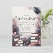 ワインレッドとソフトピンクの花の卒業パーティーの写真 招待状 (スタンド正面)