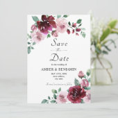ワインレッドとダスティーローズの花の結婚式 Save The Date 招待状 (スタンド正面)