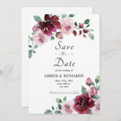 ワインレッドとダスティーローズの花の結婚式 Save The Date 招待状 (正面/裏面)