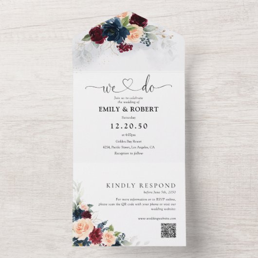 ワインレッドとネイビーのオールインワン結婚式招待状 オールインワン招待状 (内側)