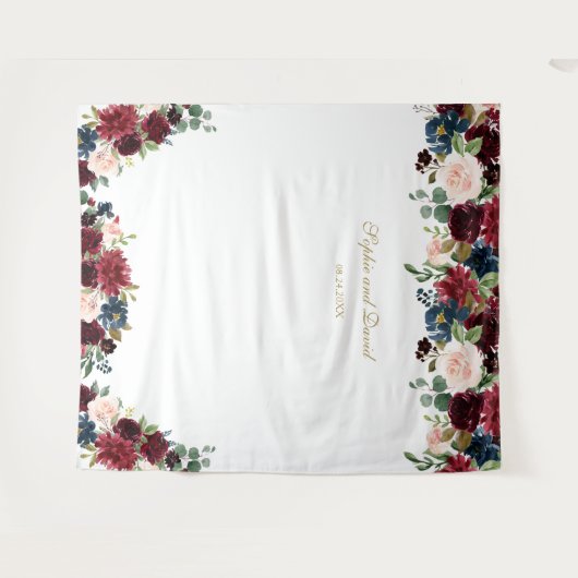 ワインレッドとネイビーブルーの花の結婚式写真ブース背景 タペストリー (正面(横))