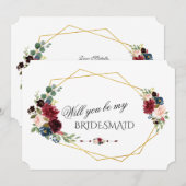 ワインレッドとネイビーブルーの花束のブライドメイドカード 招待状 (正面/裏面)