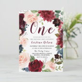 ワインレッドとバラ色の女の子または男の子の1歳の誕生日パーティー 招待状 (スタンド正面)