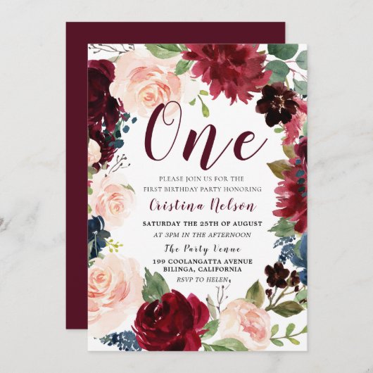 ワインレッドとバラ色の女の子または男の子の1歳の誕生日パーティー 招待状 (正面/裏面)