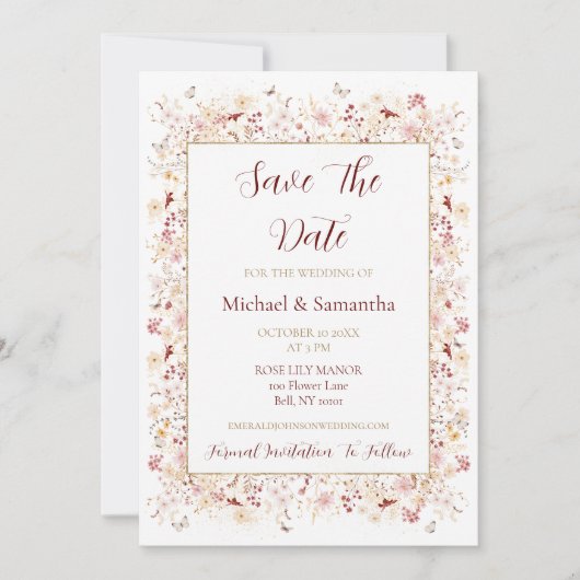 ワインレッドとバラ色の野生の花の結婚式 セーブザデート (正面)