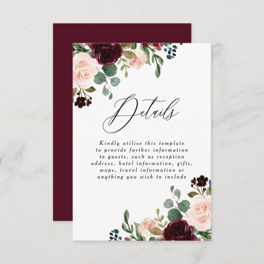 ワインレッドとバーガンディーのブッシュ ウェディング 詳細 受付 エンクロージャーカード (正面/裏面)