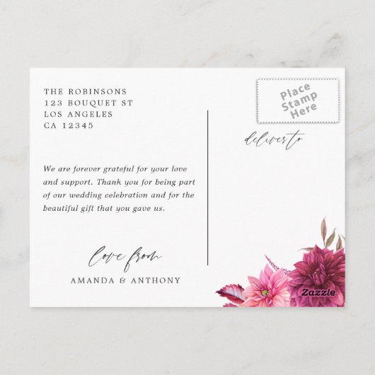 ワインレッドとピンクのオータムフォールウェディング御礼 ポストカード (裏面)
