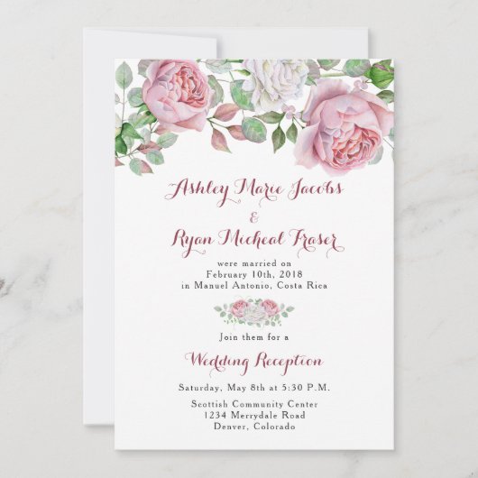 ワインレッドとピンクのバラ　結婚式後ウェルカムパーティーのみ 招待状 (正面)