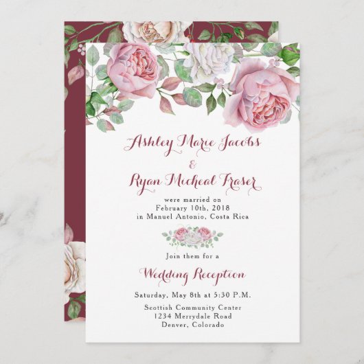 ワインレッドとピンクのバラ　結婚式後ウェルカムパーティーのみ 招待状 (正面/裏面)