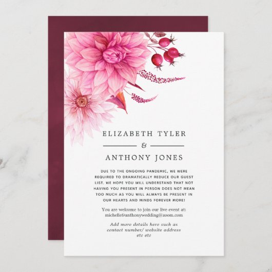 ワインレッドとピンクの秋の落ち葉 縮小されたゲストリスト 案内状 (正面/裏面)