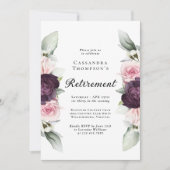 ワインレッドとピンクの花のエレガントな退職パーティー 招待状 (正面)