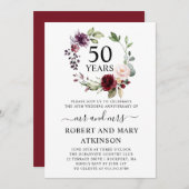 ワインレッドとピンクの花の50周年結婚記念日 招待状 (正面/裏面)