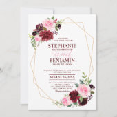 ワインレッドとピンクの花をモチーフにしたモダンな幾何学模様の結婚式 招待状 (正面)
