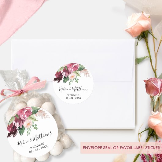 ワインレッドとピンクの花模様封筒シール / お favors ラウンドシール