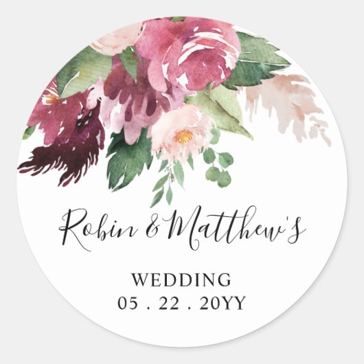 ワインレッドとピンクの花模様封筒シール / ギフトタグ ラウンドシール (正面)