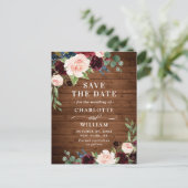 ワインレッドとブルーのブッシュの素朴な結婚式  Save the Date ポストカード (スタンド正面)