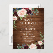 ワインレッドとブルーのブッシュの素朴な結婚式  Save the Date ポストカード (正面/裏面)