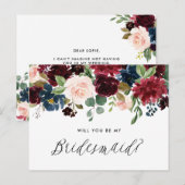 ワインレッドとブルーの花のガーランドに、私の花嫁の仲間になって インビテーションポストカード (正面/裏面)