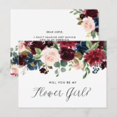ワインレッドとブルーの花のガーランドのフラワーガール インビテーションポストカード (正面/裏面)