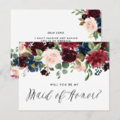 ワインレッドとブルーの花のガーランド　メイドオブオナー インビテーションポストカード (正面/裏面)