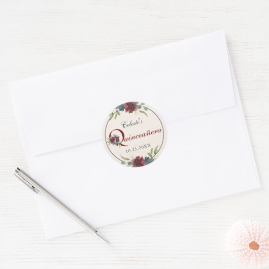 ワインレッドとブルーの花のキンチェアラ・パーティー ラウンドシール (封筒)
