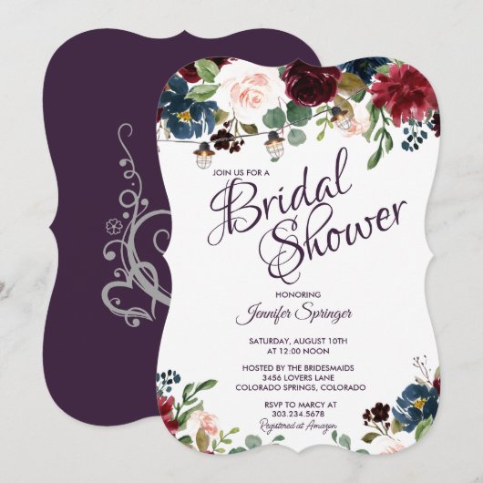 ワインレッドとブルーの英国風花の花嫁のシャワー 招待状 (正面/裏面)