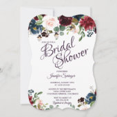 ワインレッドとブルーの英国風花の花嫁のシャワー 招待状 (正面)