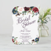 ワインレッドとブルーの英国風花の花嫁のシャワー 招待状 (スタンド正面)