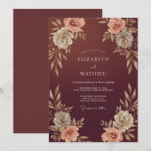ワインレッドとベージュの葉っぱの結婚式 招待状 (正面/裏面)