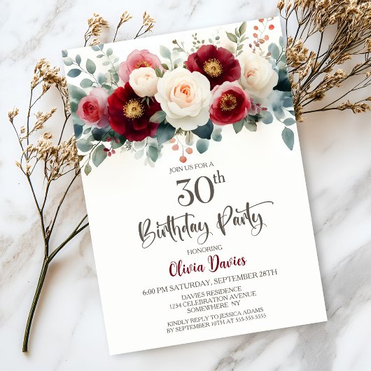 ワインレッドとホワイトの花柄の30歳の誕生日パーティー 招待状