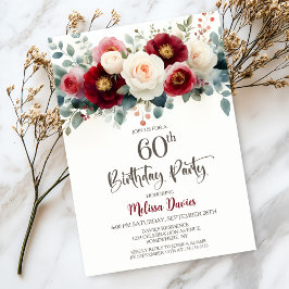 ワインレッドとホワイトの花柄の60歳の誕生日パーティー 招待状