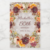 ワインレッドと焦茶の花柄の女性の50歳の誕生日 ワインラベル (シングルラベル)