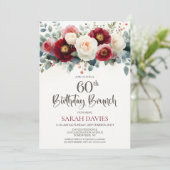 ワインレッドと白のフラワーパターン 60歳の誕生日ブランチ 招待状 (スタンド正面)