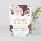 ワインレッドと白の花のバラ ゴールドのリハーサルディナー 招待状 (スタンド正面)