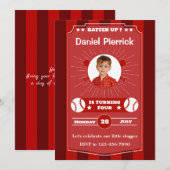 ワインレッドと赤の野球の誕生日パーティー招待状 招待状 (正面/裏面)