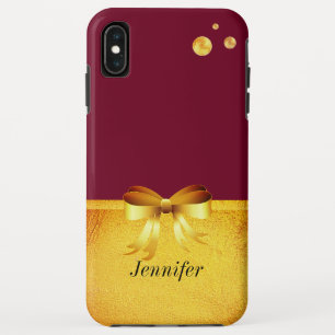 ワインレッドにゴールドのドットとリボン iPhone XS MAXケース