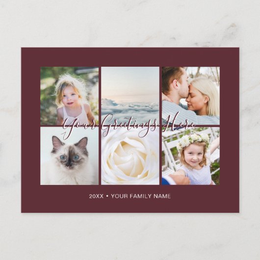 ワインレッドのカスタマイズされた6枚の写真 ユニバーサルグリーティング ポストカード (正面)