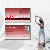 ワインレッドのグラデーションのパームの葉モノグラムと写真 名刺