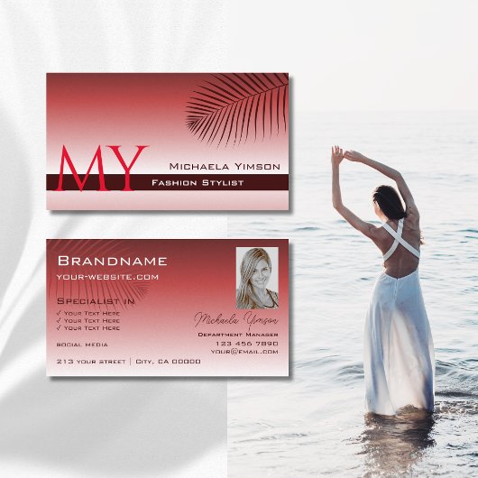 ワインレッドのグラデーションのパームの葉モノグラムと写真 名刺