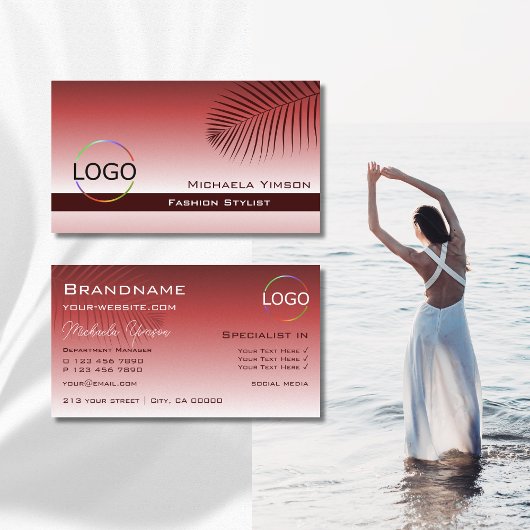 ワインレッドのグラデーションのパームリーフとロゴプロフェッショナル 名刺