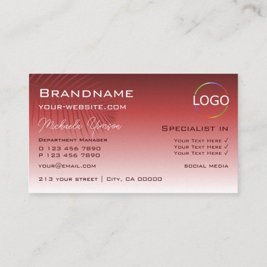 ワインレッドのグラデーションのパームリーフとロゴプロフェッショナル 名刺 (裏面)