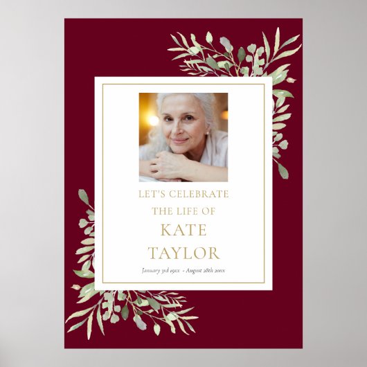 ワインレッドのグリーン写真 生の祝いのサイン ポスター (正面)