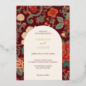 ワインレッドのシノワズリー結婚式 エレガント クラシック 箔招待状 (正面)