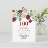 ワインレッドのシャンパンと白いバラの100歳の誕生日 招待状 (スタンド正面)