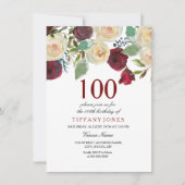 ワインレッドのシャンパンと白いバラの100歳の誕生日 招待状 (正面)